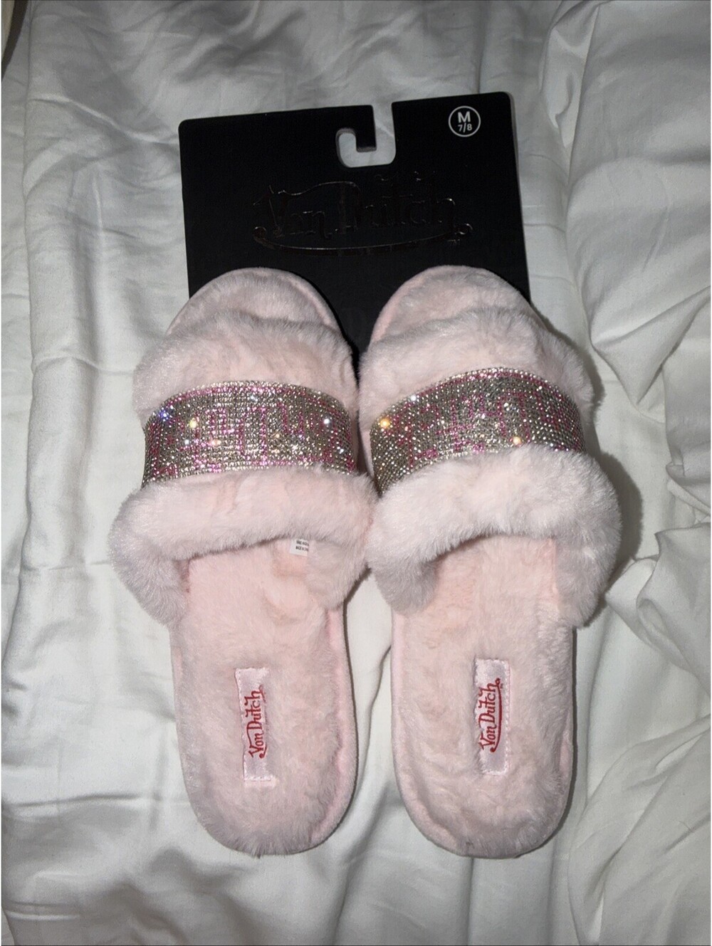 Von Dutch Pink bling Faux Fur Slippers. Womens 7/8